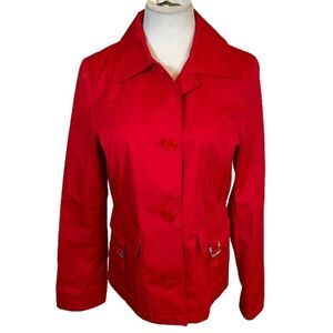 Ellen Tracy Scarlet Red Raincoat Rain Jacket Collar Front Pockets Light Coat